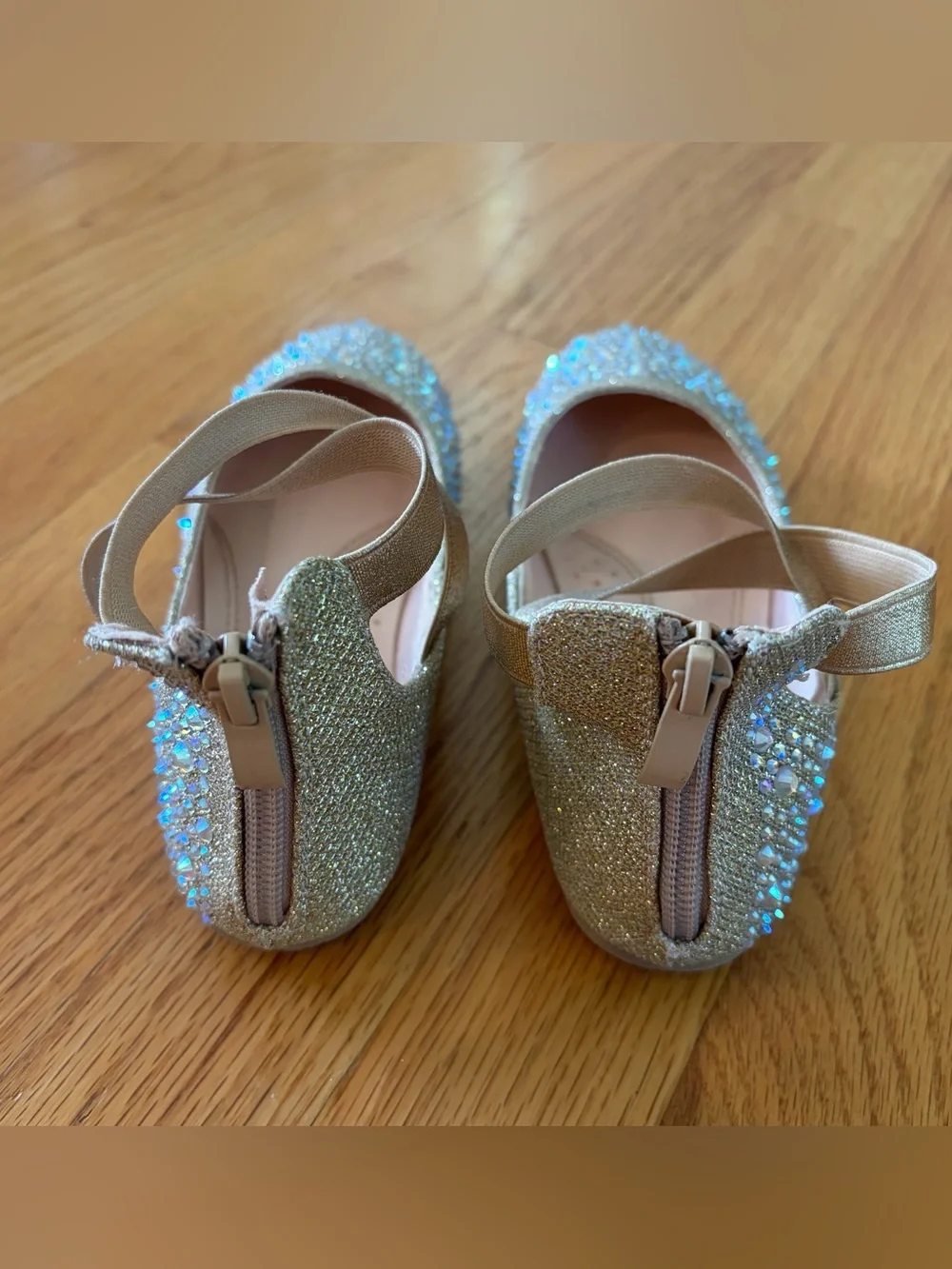Sparkling Iridescent Rhinestone Ballet Flats with Ankle Strap